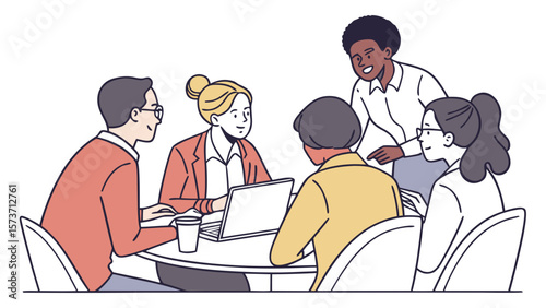 Illustration of business team meeting collaboration teamwork strategy discussion at round table conference 100