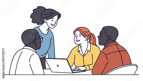 Diverse team collaboration meeting brainstorming session working together on laptop project presentation
