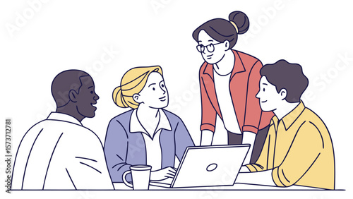 Illustration of diverse team collaboration and business meeting discussing project ideas and strategy together