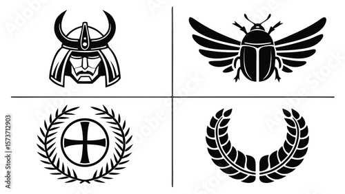 Samurai beetle laurel wreath emblems black white