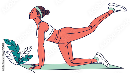 Woman doing donkey kick exercise workout routine at home on yoga mat for fitness and healthy lifestyle training
