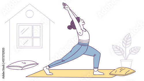 Woman doing yoga at home warrior pose asana exercise for wellness and healthy lifestyle illustration vector