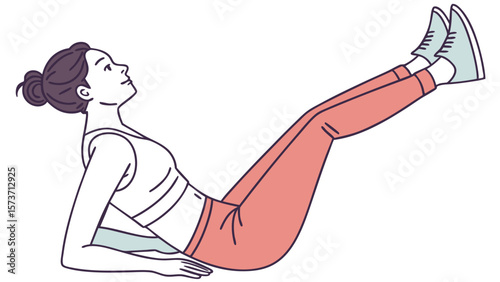 Woman doing leg raises exercise abdominal workout core strengthening fitness training at home illustration vector