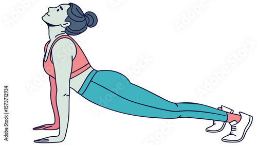 Woman doing yoga pose upward facing dog for fitness and wellness workout routine and stretching exercise at home is good 100