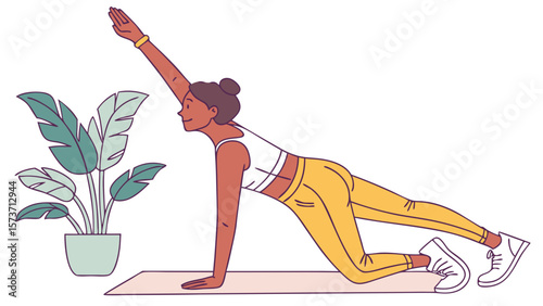 Woman doing side plank exercise for core strength workout at home fitness training and healthy lifestyle routine