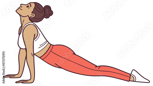 Woman doing yoga upward facing dog pose for fitness and wellness with stretching exercise and healthy lifestyle