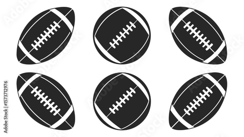Six black american footballs on white sport