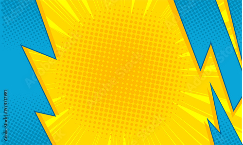 Comic book lightning explosion burst, halftone texture. Dynamic pop art background.