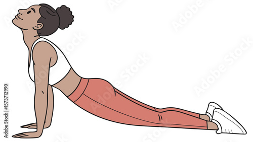 Woman doing yoga pose cobra exercise for back pain relief and stretching flexibility workout at home studio