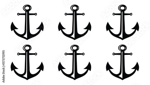 Six black nautical anchors maritime ocean