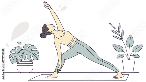 Woman practicing triangle pose yoga asana for wellness fitness and healthy lifestyle exercise and meditation 100