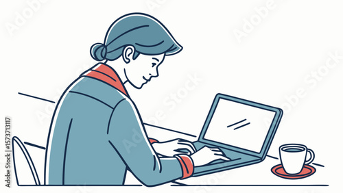 Woman working on laptop with coffee illustration for remote work and study concept design and vector art use