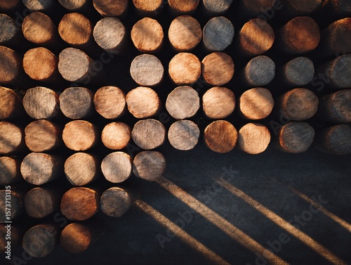 Deforestation alert overhead view of neatly stacked tree logs deforested area environmental impact nature's loss