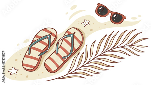 Summer beach vacation essentials flip flops sunglasses and palm leaf for travel and relaxation time