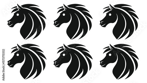 Stylized black horse heads in profile equine animal