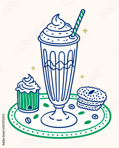 A  tall milkshake in a fluted glass with whipped cream and a straw illustration