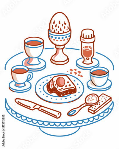 A breakfast table set with a boiled egg in an egg cup illustration
