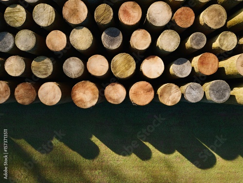Deforestation impact on timber industry overhead view of stacked tree logs in nature environment