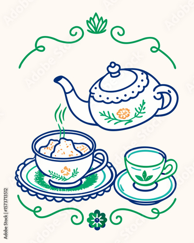 A teapot pouring tea into a delicate teacup illustration