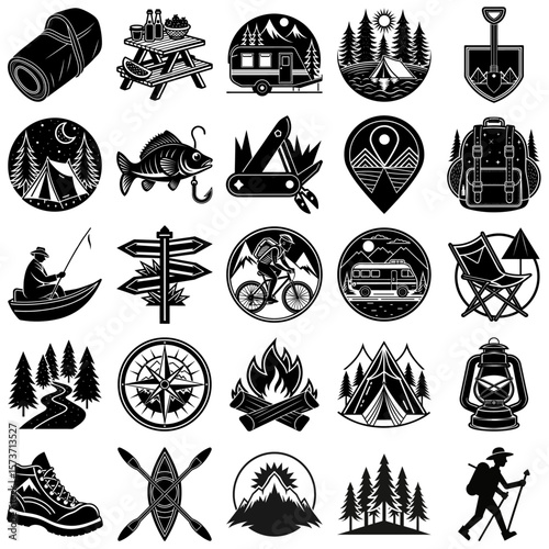 Camping, outdoor adventure icon. Travel, wilderness exploration black silhouette illustration.