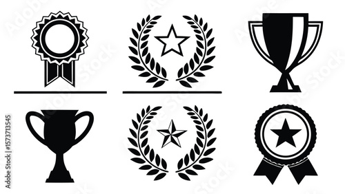 Award trophies and medals with stars and laurel wreaths