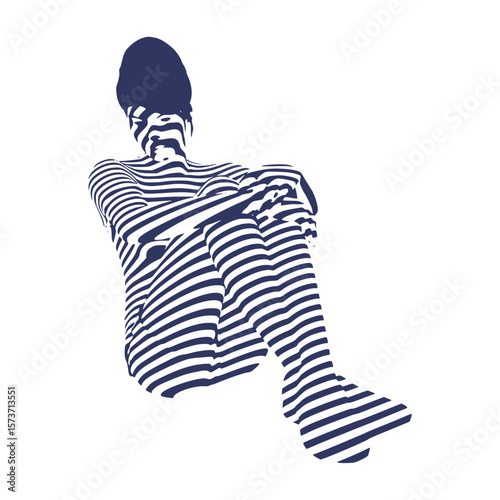 Tired woman represented in stripes. Life energy. Concept of productivity, effectiveness. Stress and burnout. Sexual assault and harassment concept.