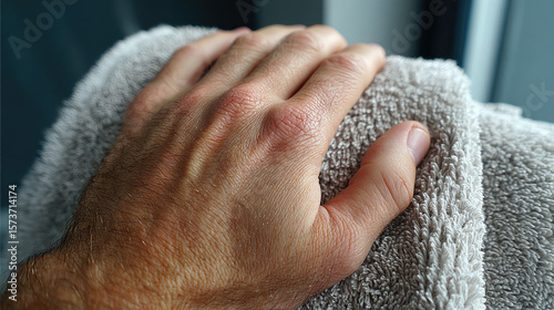 Irrational fear concept. A hand resting on a soft towel, showcasing comfort and relaxation.