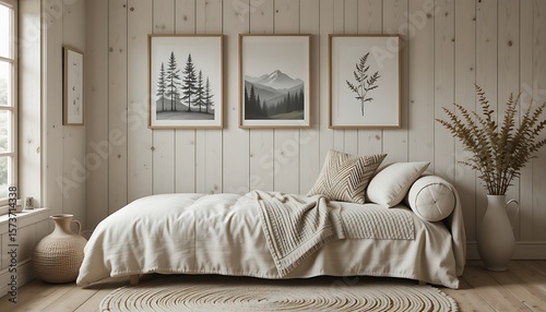  A rustic Scandinavian cabin interior with a simple, natural linen-covered chaise lounge, unbleached cotton bolster, and homespun patterned throw pillows. A hand-knitted wool blanket