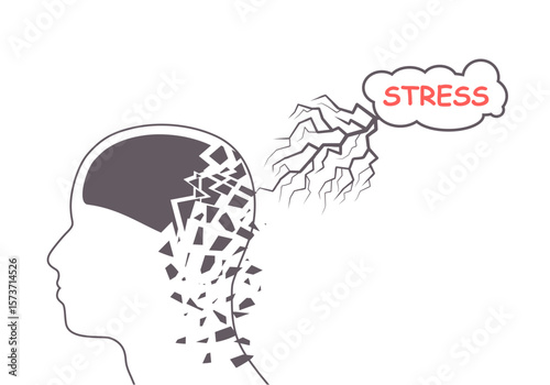 An electric lightning bolt strike damaging a human head. Brain function neurology health care symbol. Brain damage with stress, cognitive disfunction metaphor.