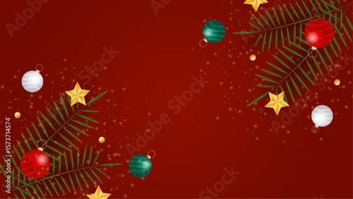 Red Christmas background adorned with ornaments, stars, and leaves, perfect for festive holiday designs, greeting cards, and social media posts.