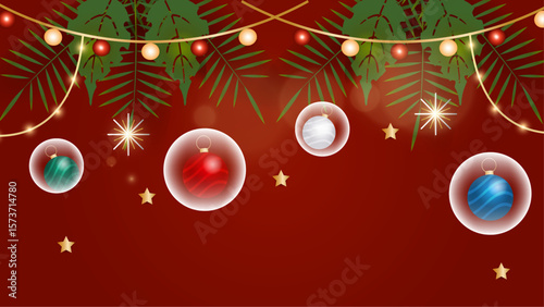 Colorful Christmas ornaments nestled among tropical leaves, perfect for holiday themed designs, greeting cards, social media posts, and backgrounds.