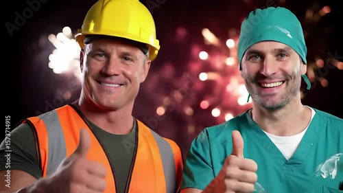 A construction worker and a doctor giving thumbs up in front of fireworks display backdrop