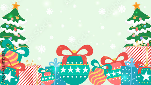 Christmas presents, ornaments, trees on light green background; perfect for holiday designs. Holiday cards, social media posts, website banners, gift wrapping paper, festive decorations.