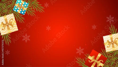 Red Christmas background with presents, snowflakes, and pine branches. Perfect for holiday cards, invitations, and festive social media posts.