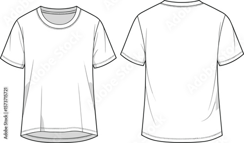 Basic blank white T-shirt front and back view, detailed technical flat sketch, CAD drawing flat vector illustration for apparel design