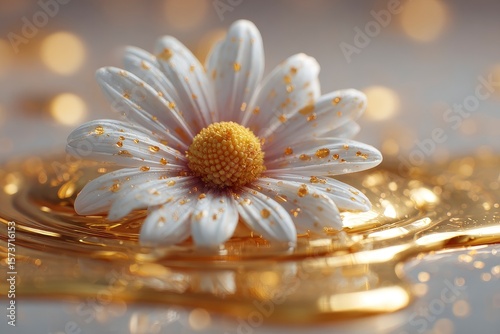 Daisy on gold liquid surface golden flecks adorn petals