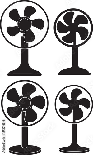 Classic black silhouette of a modern desk fan for cooling and ventilation