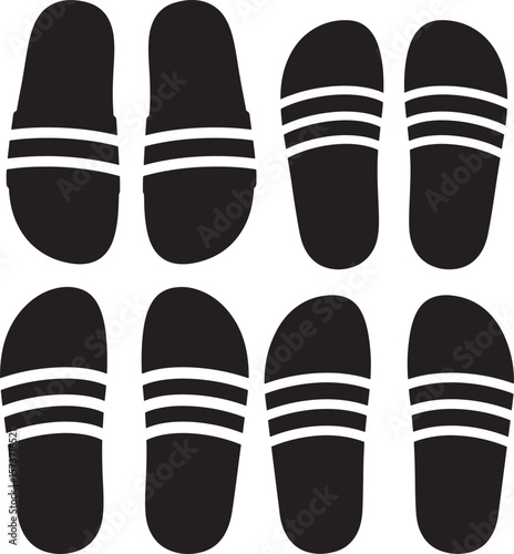 Black slide sandals with three white stripes on each strap silhouette