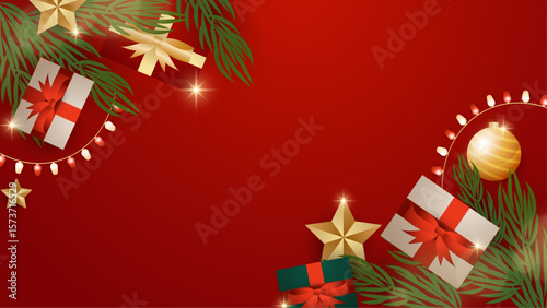 Red Christmas image featuring gifts, stars, lights, and greenery; suitable for holiday cards, social media posts, and festive designs.
