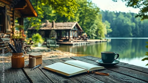 Idyllic Lake House Retreat: Relaxing Lakeside View with Coffee, Book, and Artist Supplies
