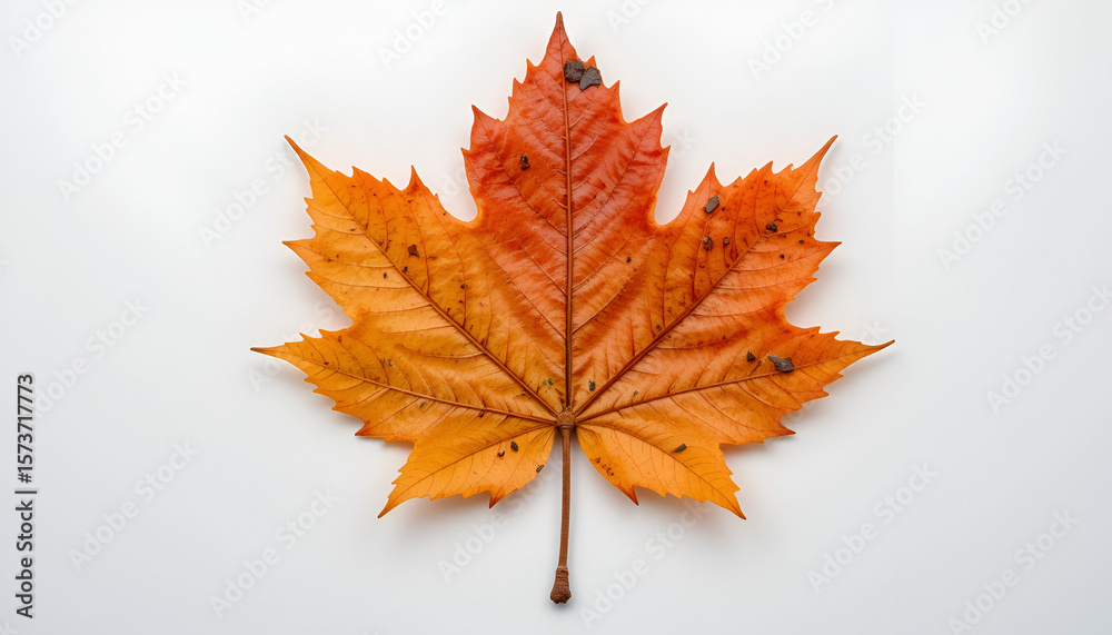 Fototapeta premium A vibrant maple leaf showcasing autumnal colors in tones of orange and yellow on a clean, light background, evoking the beauty of autumn.