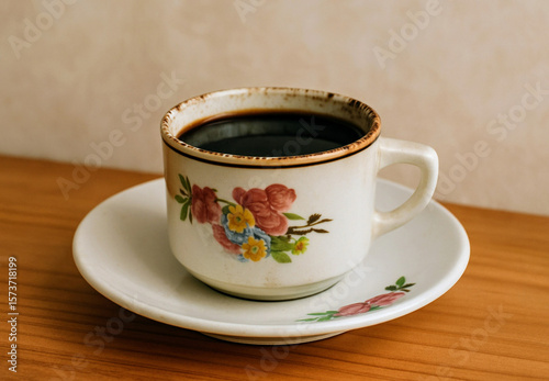 Vintage Floral Ceramic Cup of Black Coffee on Wooden Table