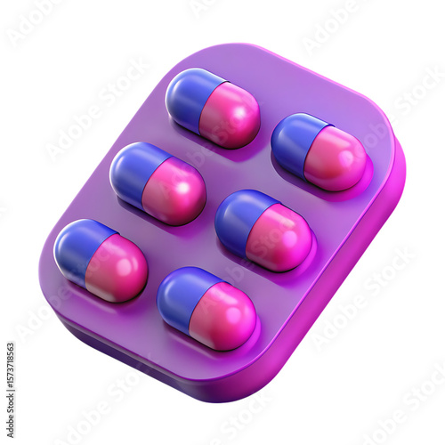 A medical blister pack with six blue and pink capsules isolated on transparent background