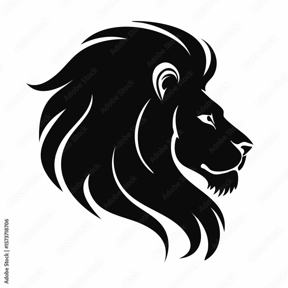Obraz premium Silhouette of a lion's head, captured from the side, showcasing its flowing mane and fierce profile with a prominent nose