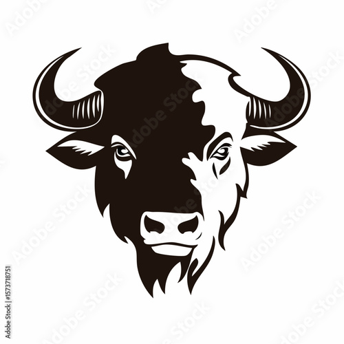 Silhouette of a buffalo's head, taken from the side, highlighting its massive horns curving outwards, with a thick, strong