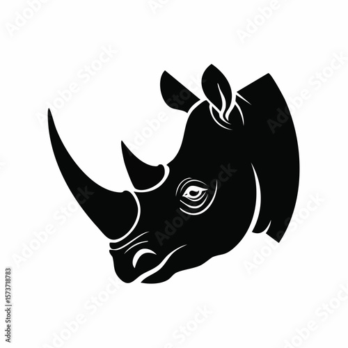 Siluette of a rhinoceros' head, featuring its thick horn and rugged face, conveying strength and power