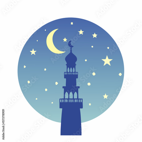 Siluette of the Adhan at Maghrib from a minaret, with a crescent moon and stars in the sky during the evening call to prayer