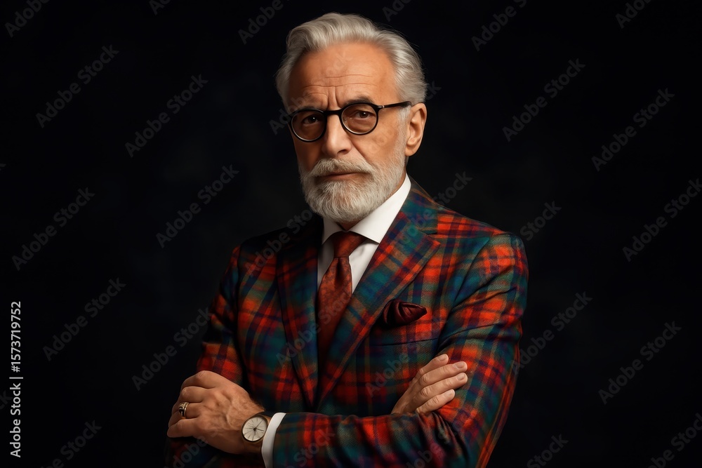 Fototapeta premium Elegant senior gentleman in vibrant fashionable attire showcasing mature style and confidence