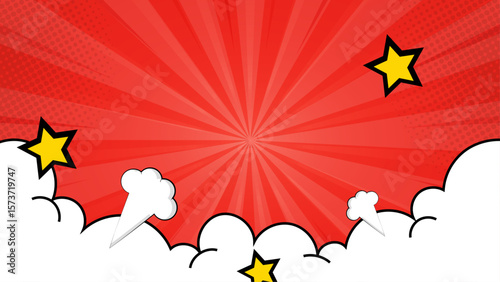 Red comic book background with stars and speech bubbles, suitable for presentations, posters, flyers, and social media graphics. Great for dynamic designs.