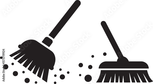 Simple silhouette of a broom with scattered dust particles for cleaning themes